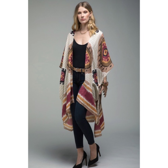 Bohemian Mandala Inspired Stripes Side Slit Kimono Coverup Wrap Casual Women's - Picture 3 of 6